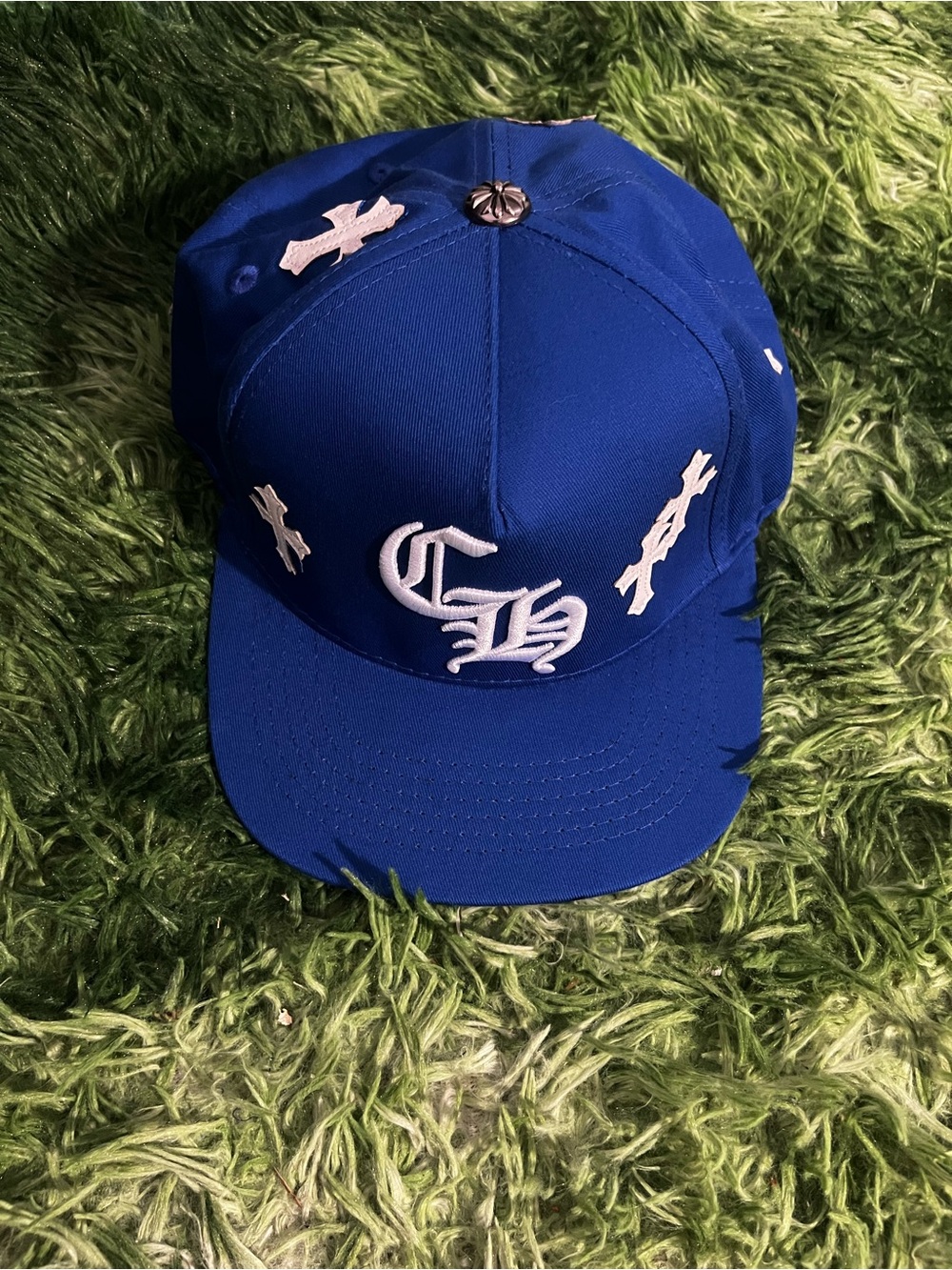 Blue chrome hearts Snapback Cap with White Embroidered patch work crosses